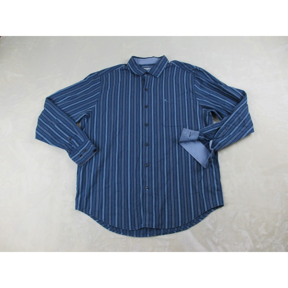 Tommy Bahama Shirt Mens Large Blue Striped Button Up Flip Cuff Newport Coast*
